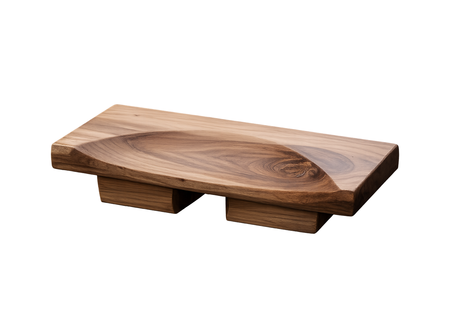 Banco de meditación de madera maciza con asiento tallado y patas trapezoidales