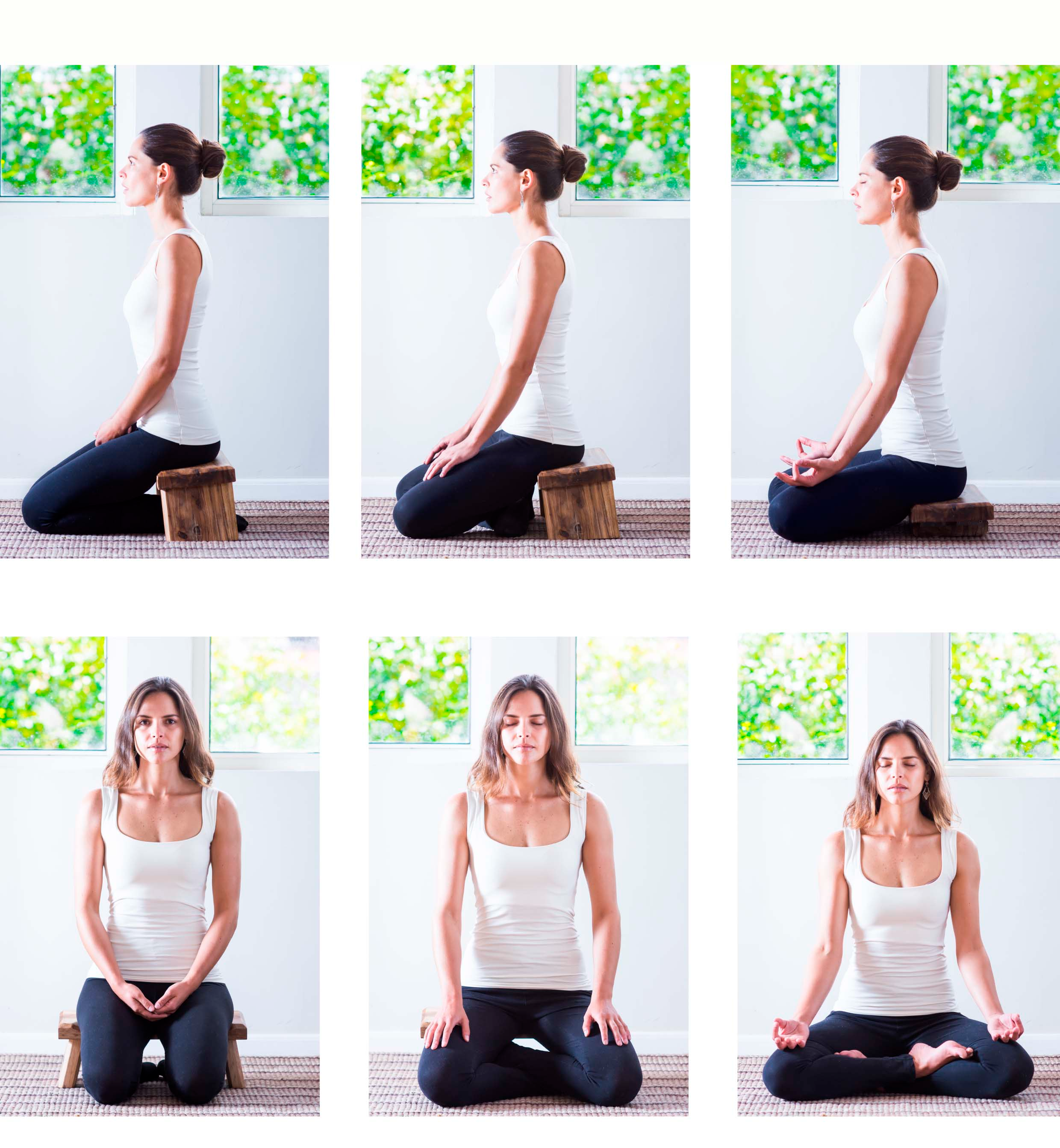 Secuencia de seis posturas de meditación sentada sobre el banco de Paltanmanta