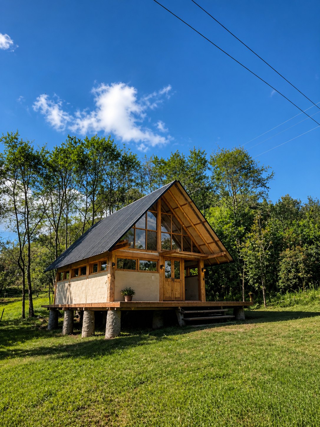 Casa Bante — tiny house de planta a dos aguas con frontón acristalado, estructura de madera y muros de adobe, elevada sobre pilares de piedra en un prado