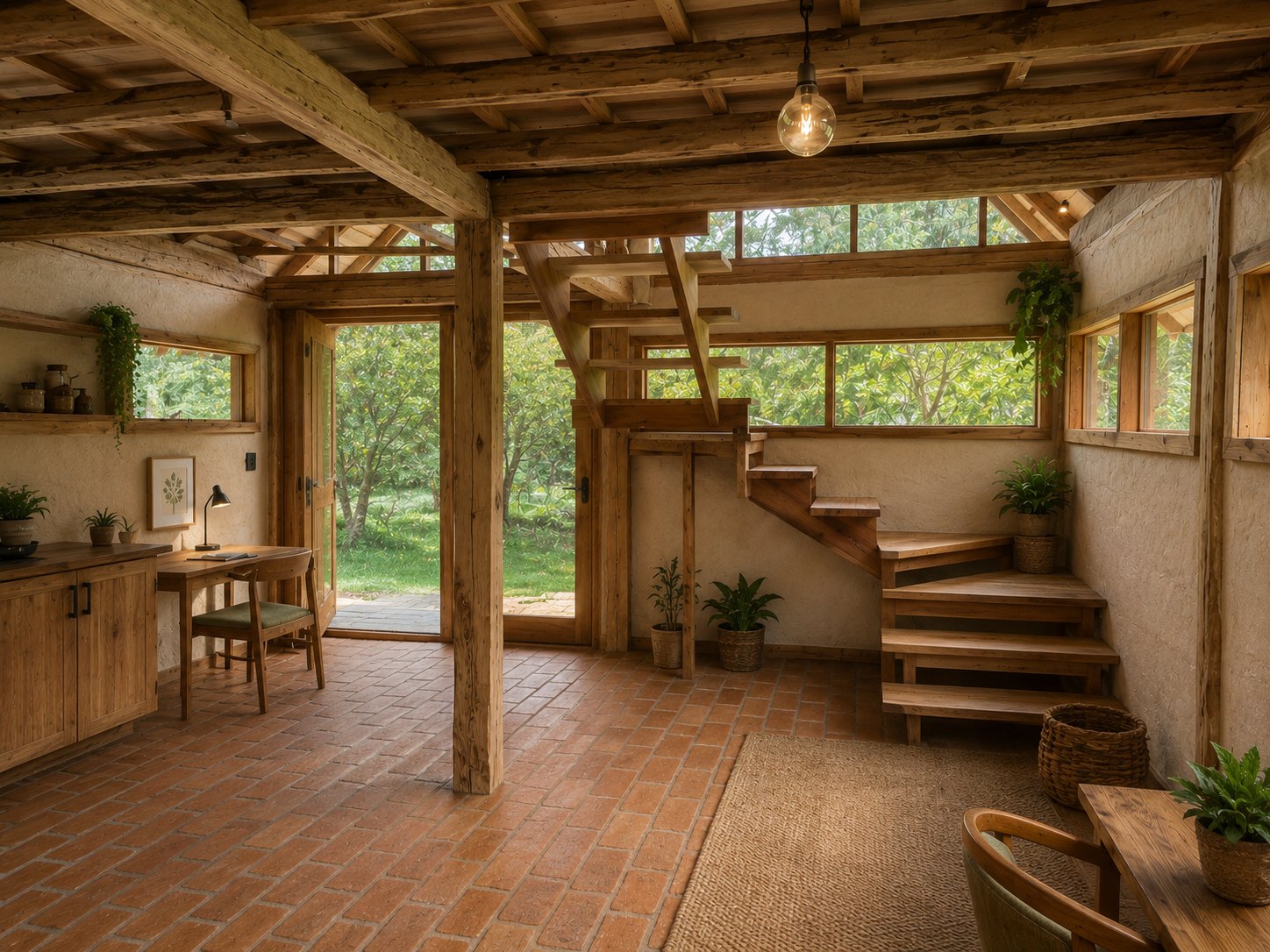 Casa Bante — interior con estructura y escalera de madera al altillo, piso de ladrillo, escritorio y puertas abiertas al jardín