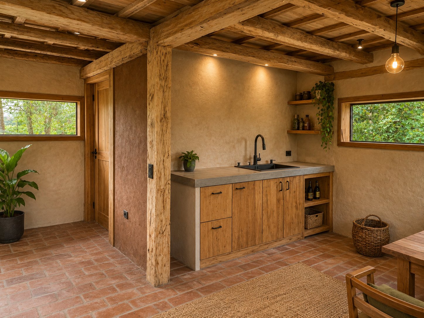 Casa Bante — cocina con mesón de concreto y mueble de madera, muros de adobe revocado, vigas vistas y ventana al bosque