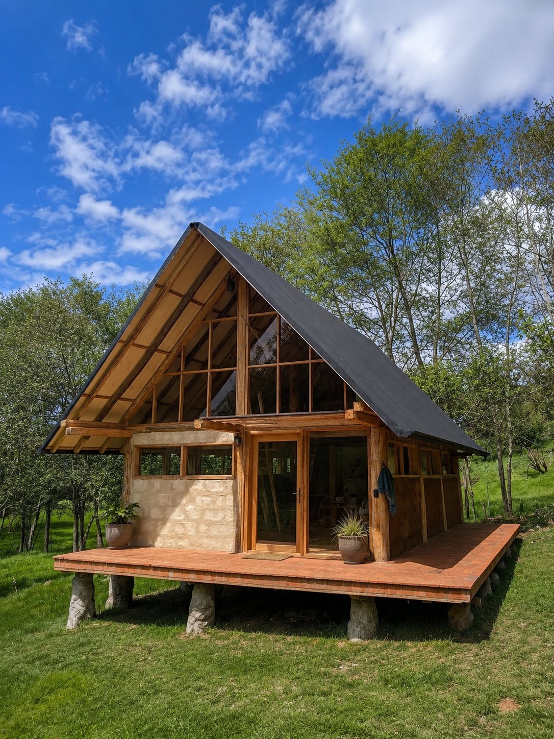 Casa Bante — fachada de acceso con gran ventanal de madera, terraza de ladrillo y cubierta oscura, entre árboles