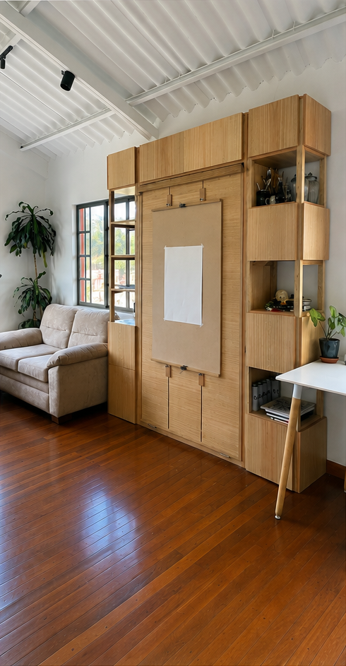 Mueble cerrado: pared de biblioteca con panel-pizarra de corcho
