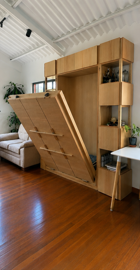 Panel abatiéndose para descubrir la cama