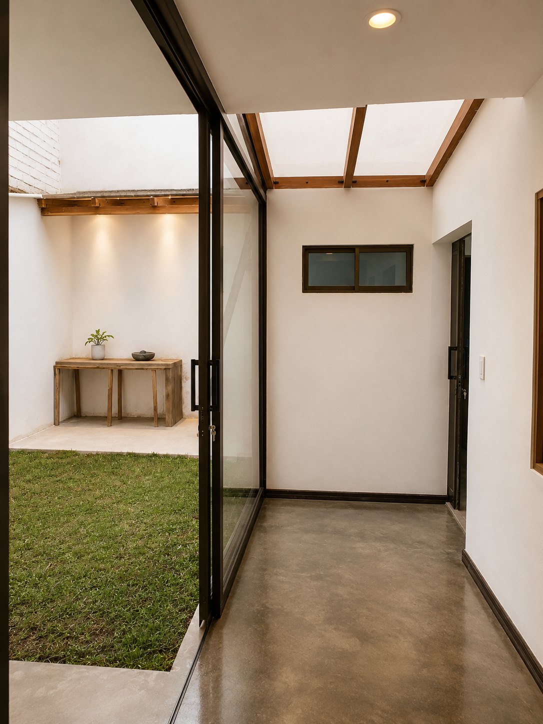 Departamento Vane y David — patio interior con puerta corrediza de vidrio, cubierta acristalada, césped y piso de concreto pulido