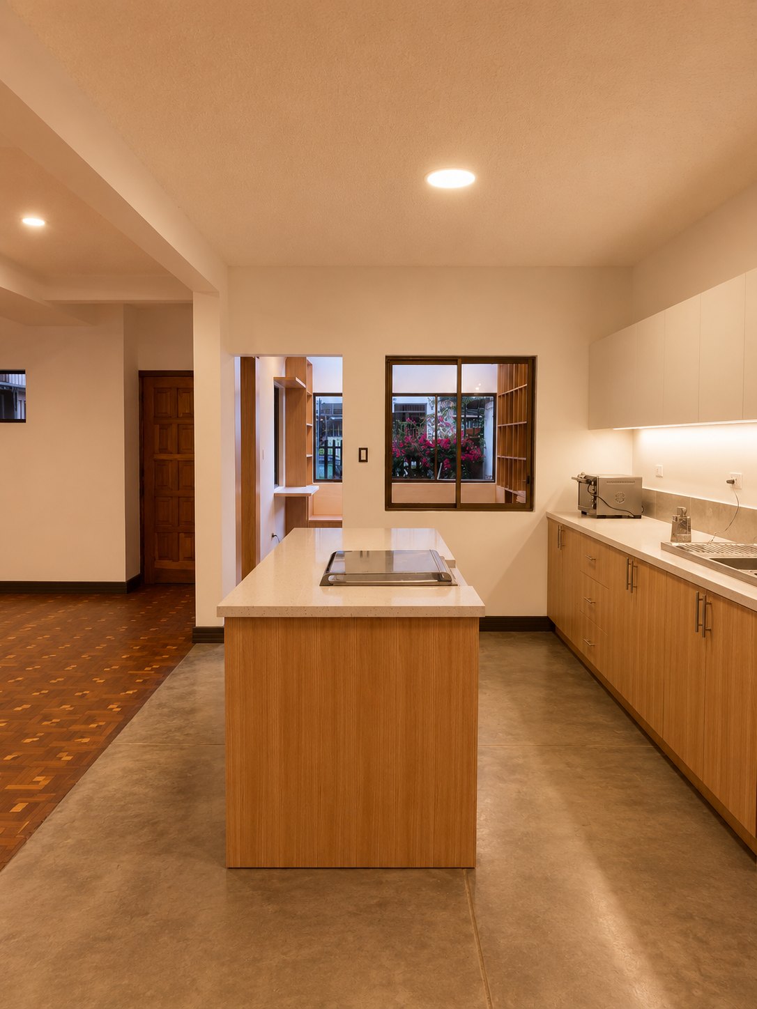 Departamento Vane y David — isla de cocina en la hora azul, puerta de madera original conservada y ventana con buganvilla en flor