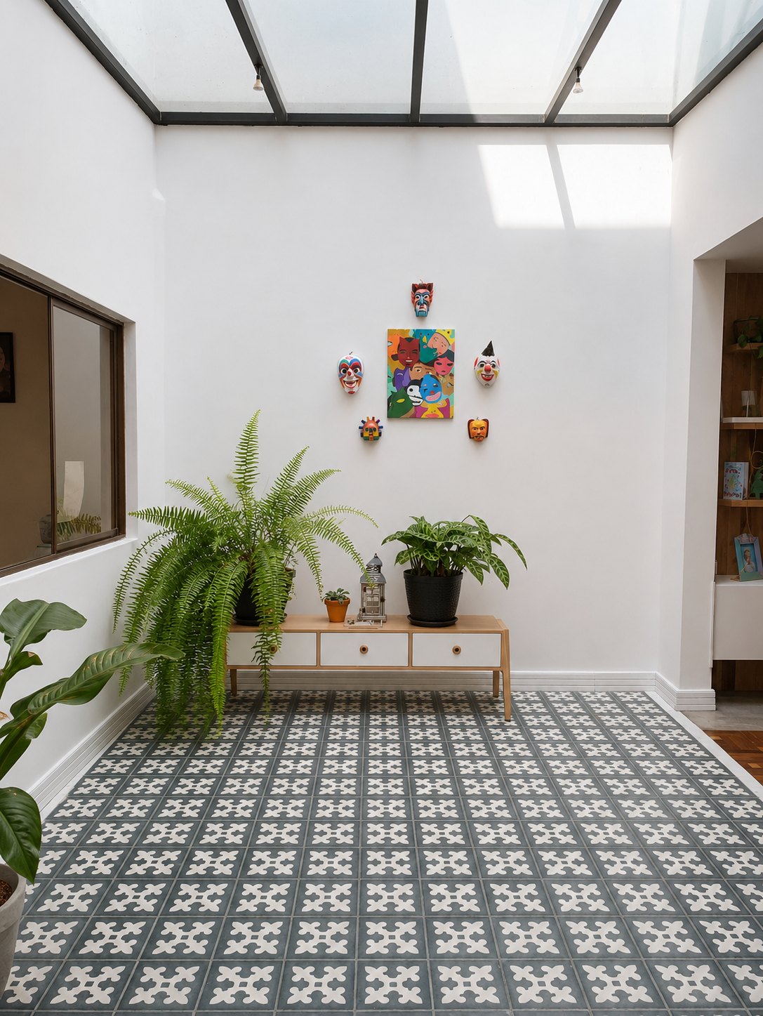Departamento Vane y David — atrio iluminado por lucernario, piso de baldosa hidráulica azul y blanca, helechos y colección de máscaras en el muro