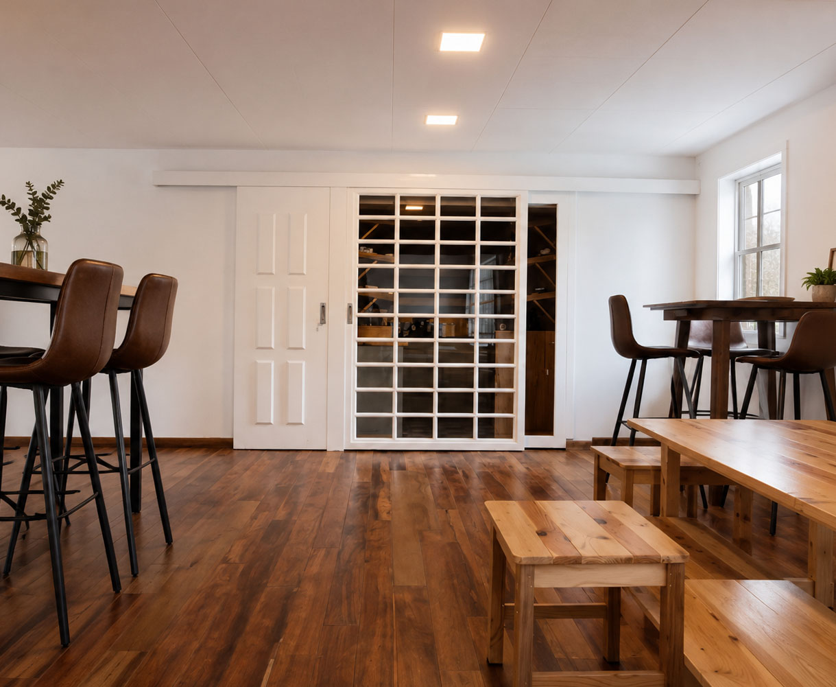 Dos Sucres — comedor con piso de madera recuperado y la puerta corrediza de retícula que conecta con la cava
