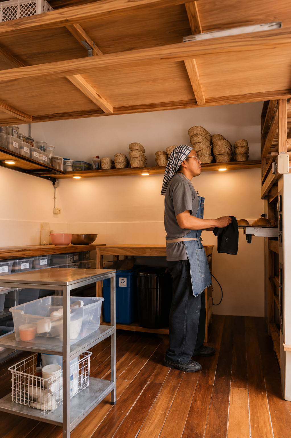 Dos Sucres — panadero horneando en la cocina, entre repisas y estanterías de madera de la casa reutilizadas