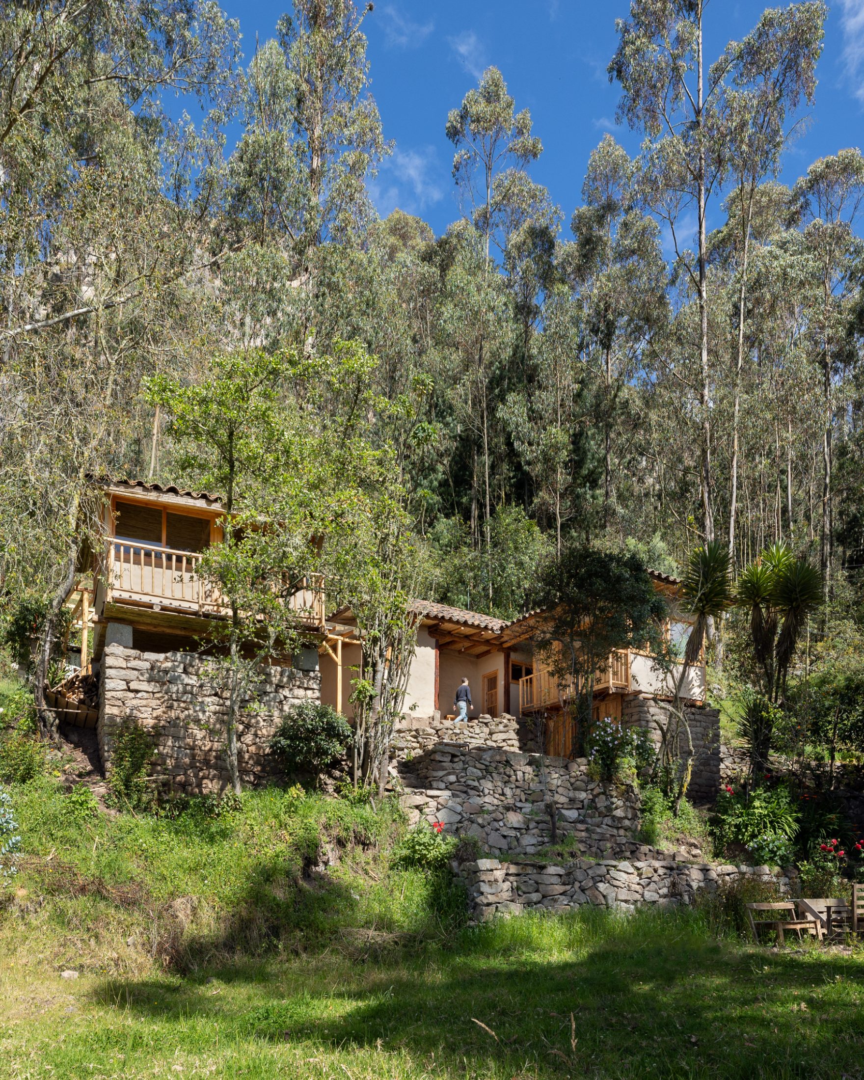 Conjunto de la vivienda y anexos entre eucaliptos, terrazas de piedra al frente