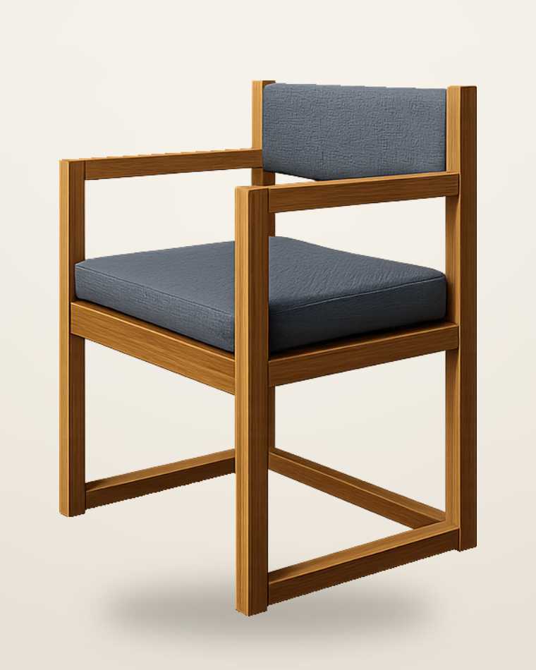 Silla con brazos en madera de reforestación, respaldo y asiento tapizados en gris