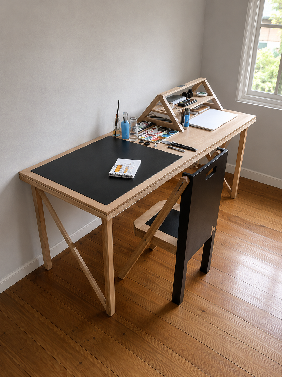Estación de trabajo a medida: escritorio de madera con superficie de trabajo negra, silla plegable y pequeña repisa triangular sobre el tablero