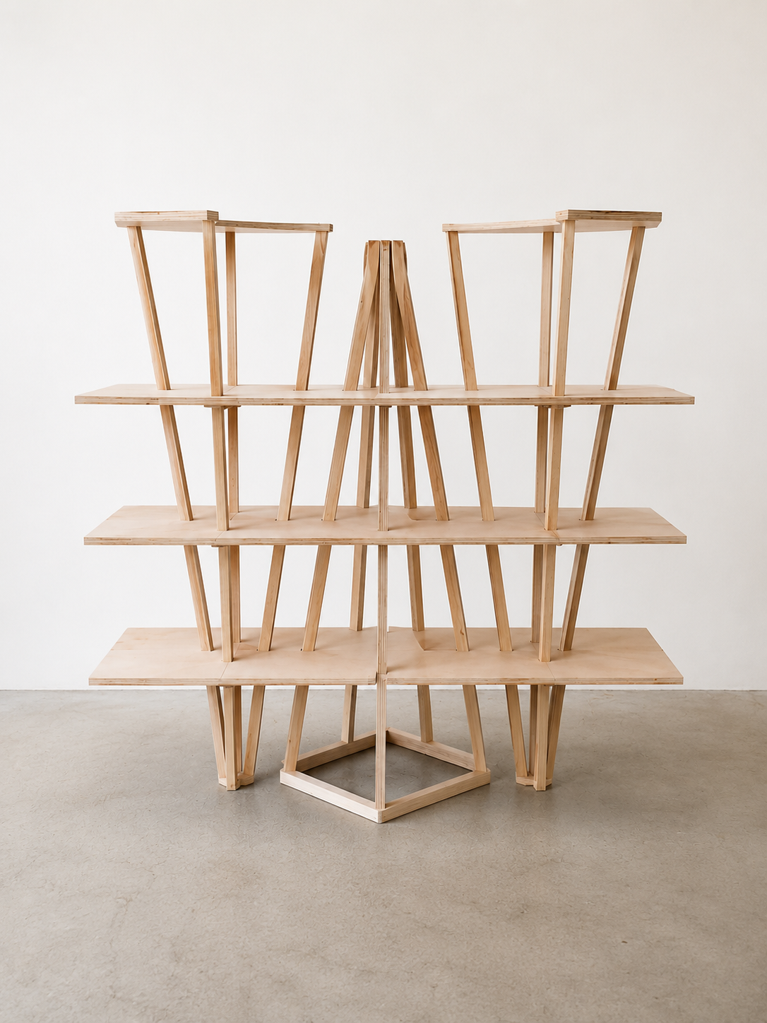 Repisa de madera con bastidores trapezoidales inclinados que sostienen tres baldas, vista frontal sobre fondo claro