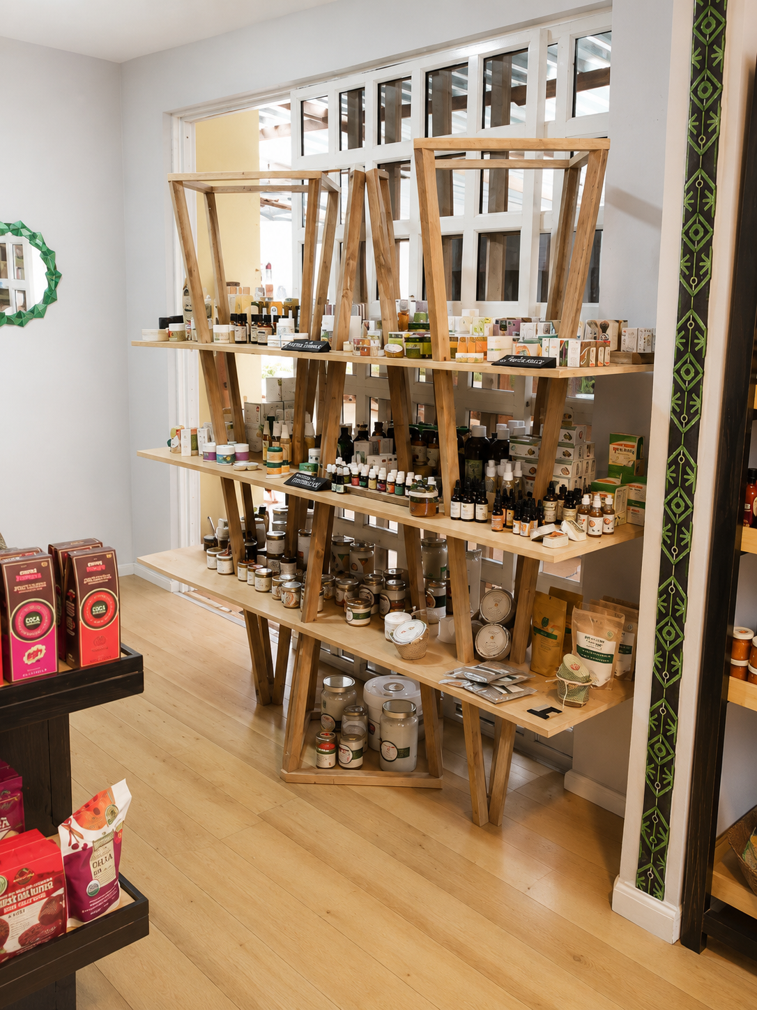 La repisa instalada en una tienda, con sus tres baldas llenas de productos, dividiendo el espacio