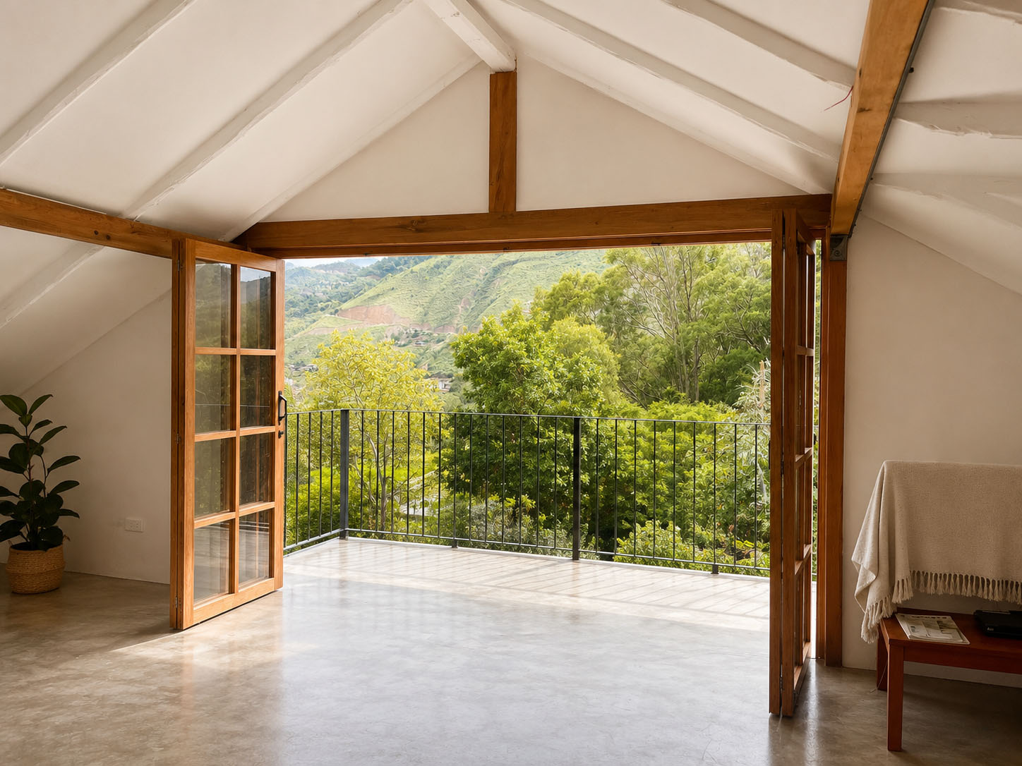Casa de Tapial, después — sala diáfana bajo la cubierta blanca con cerchas a la vista, piso pulido y puertas plegables abiertas de par en par al balcón y el valle