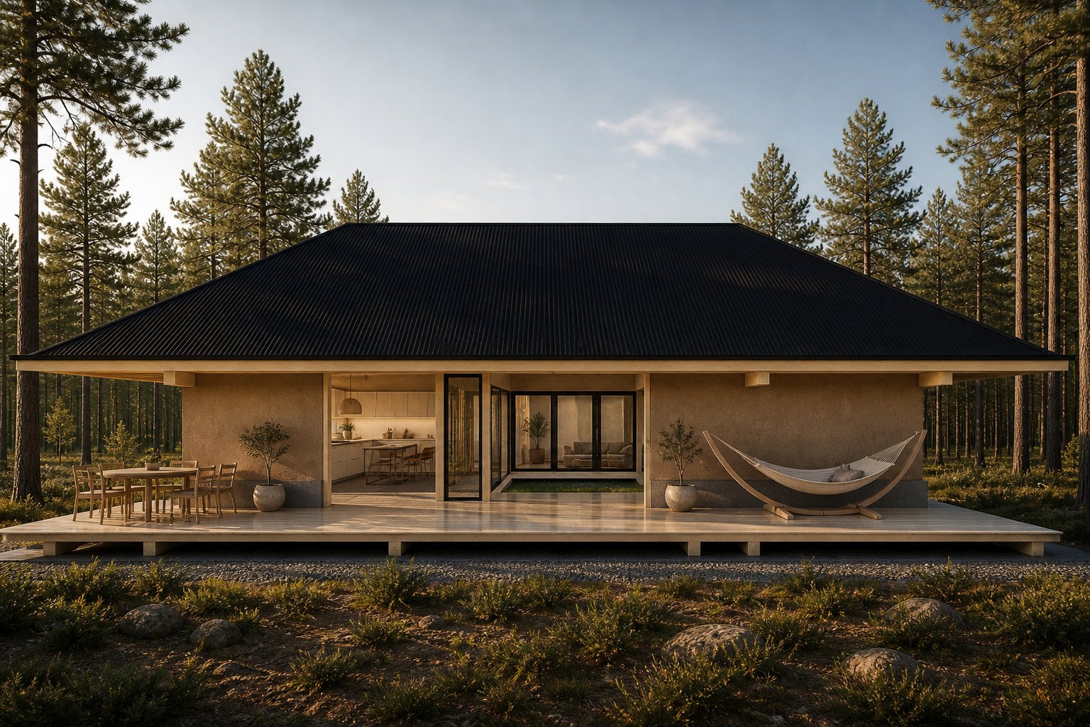 Casa Tarqui — render de la fachada norte: pabellón de un agua con cubierta negra a cuatro aguas, muros de madera y tapial sobre una plataforma elevada, hamaca al porche, entre pinos a la hora dorada