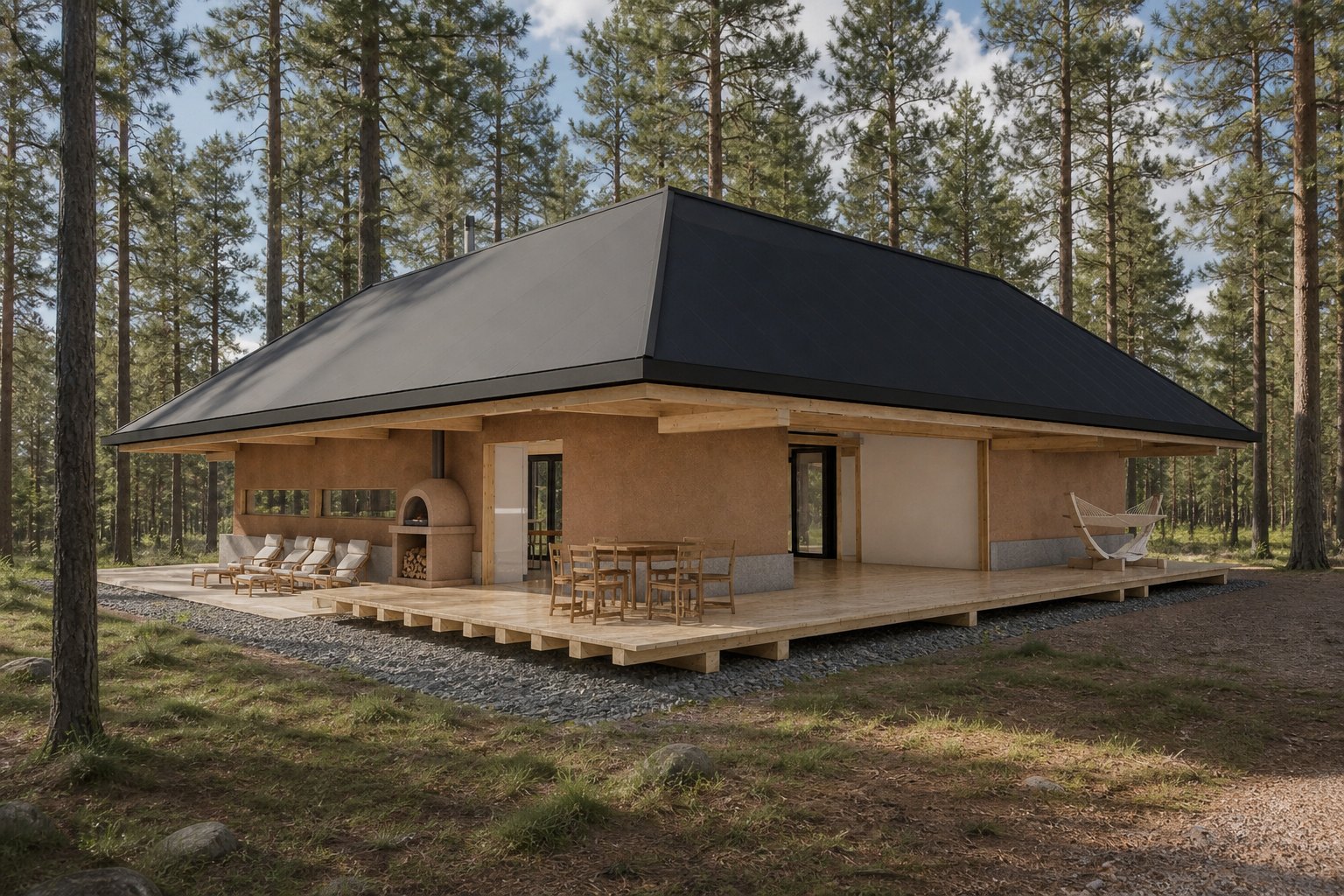 Casa Tarqui — render aéreo a tres cuartos del pabellón con cubierta negra entre el bosque de pinos, plataforma de madera y zócalo de tapial