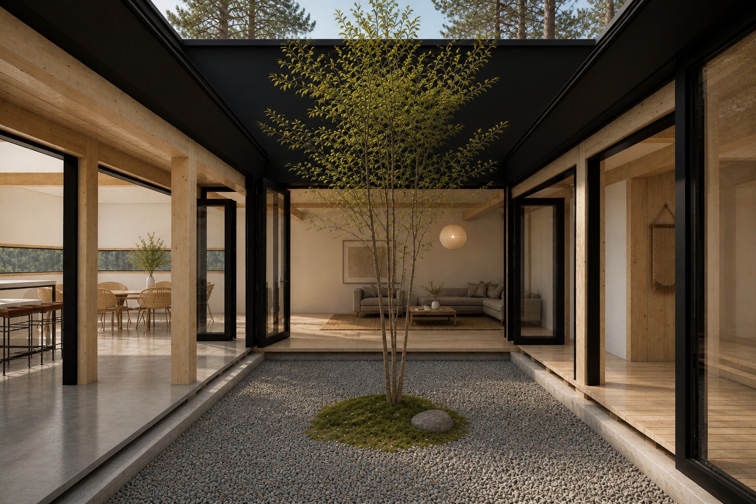 Casa Tarqui — render del patio interior con un árbol y jardín de grava, rodeado por muros de vidrio que conectan estar, comedor y dormitorios bajo la estructura de madera