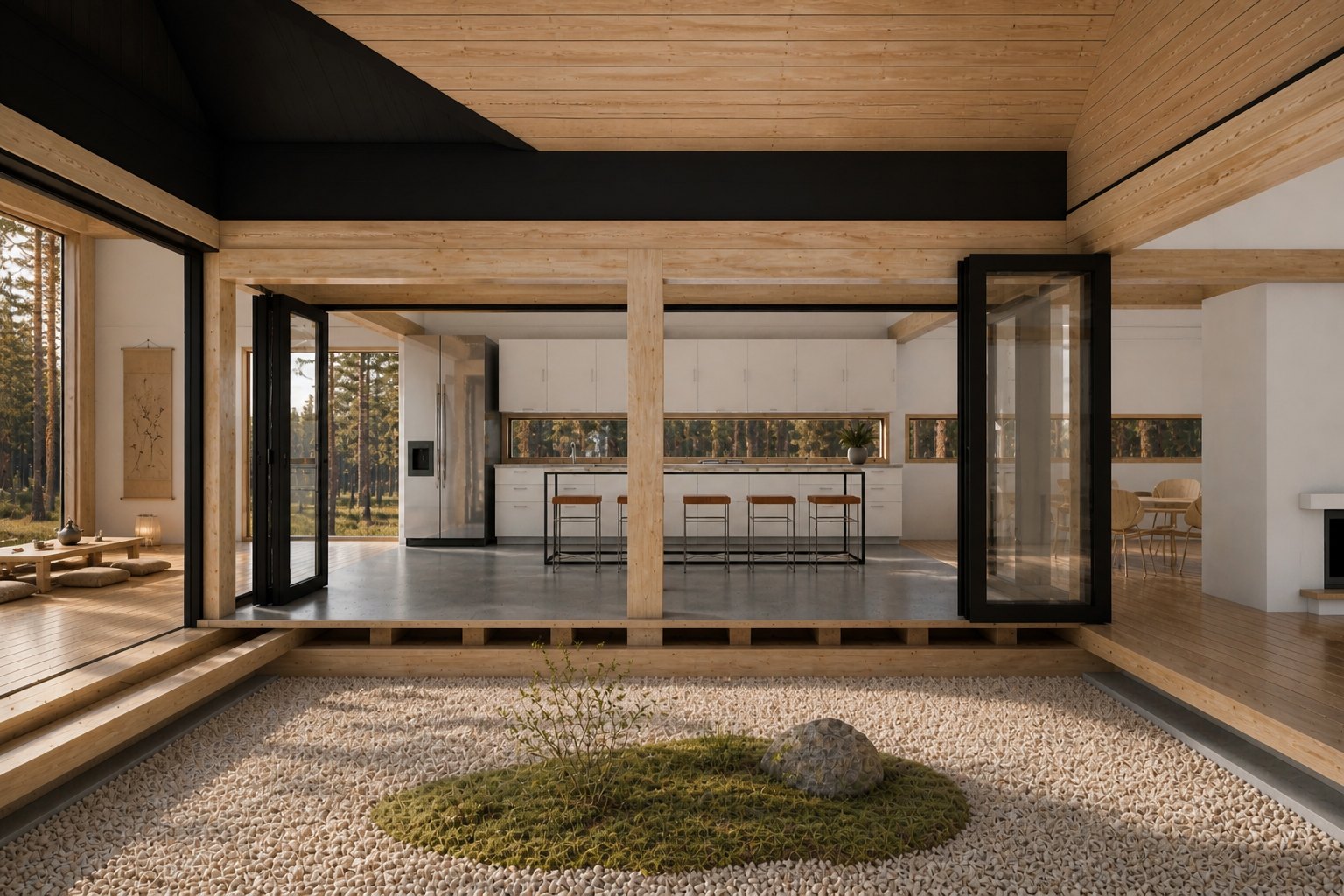 Casa Tarqui — render del jardín de musgo y piedra del patio visto desde el interior, con grava rastrillada y una roca