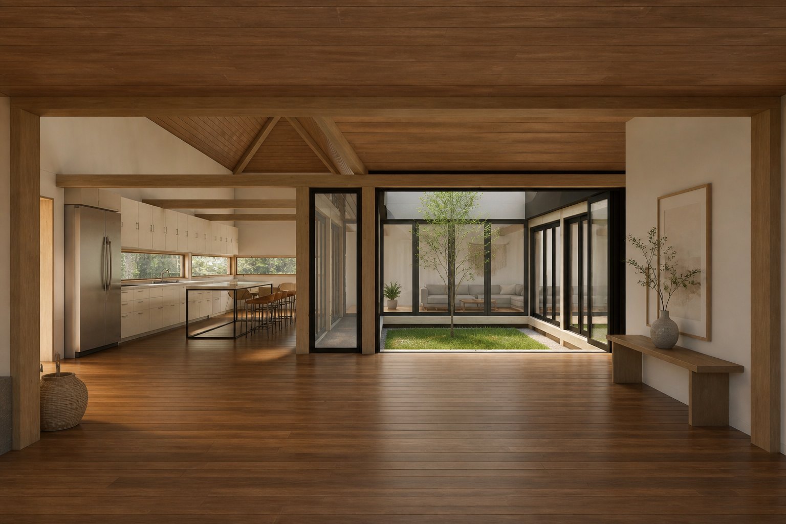Casa Tarqui — render del estar mirando a través del patio hacia el comedor y el bosque, piso de madera y muros acristalados