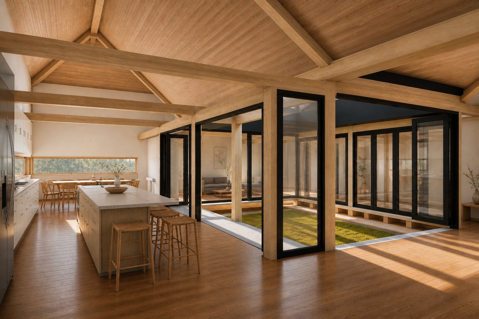 Casa Tarqui — render de la cocina con isla de madera, mesones claros y muros de vidrio hacia el bosque