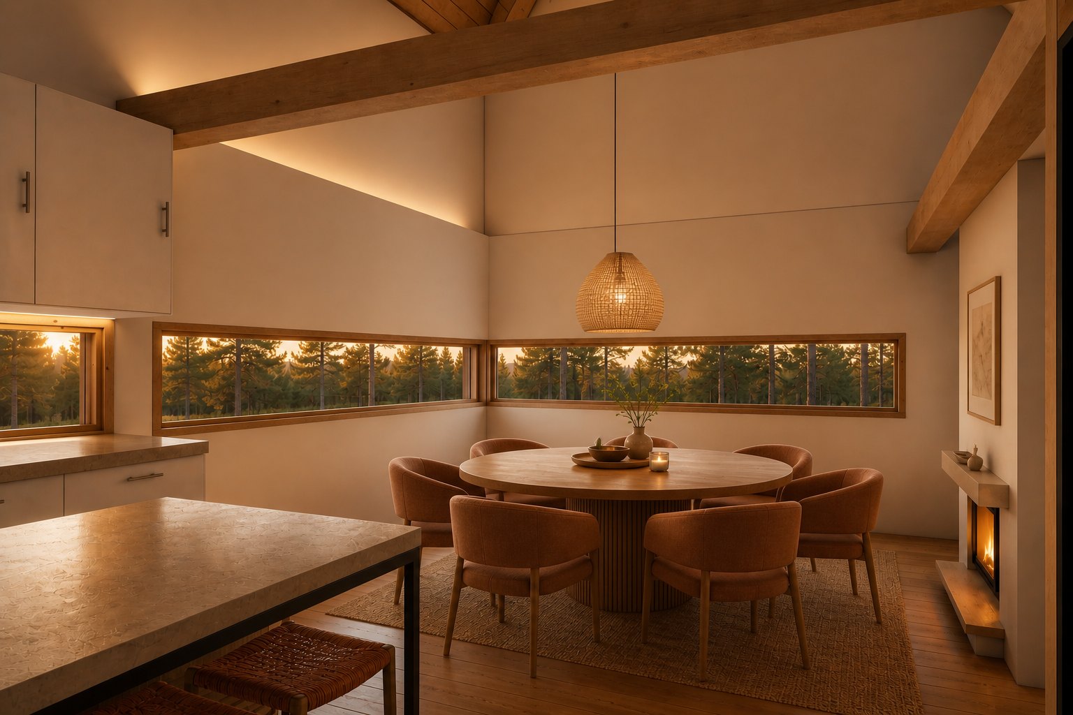 Casa Tarqui — render del comedor con mesa redonda bajo una franja continua de ventanas altas, estructura de madera a la vista