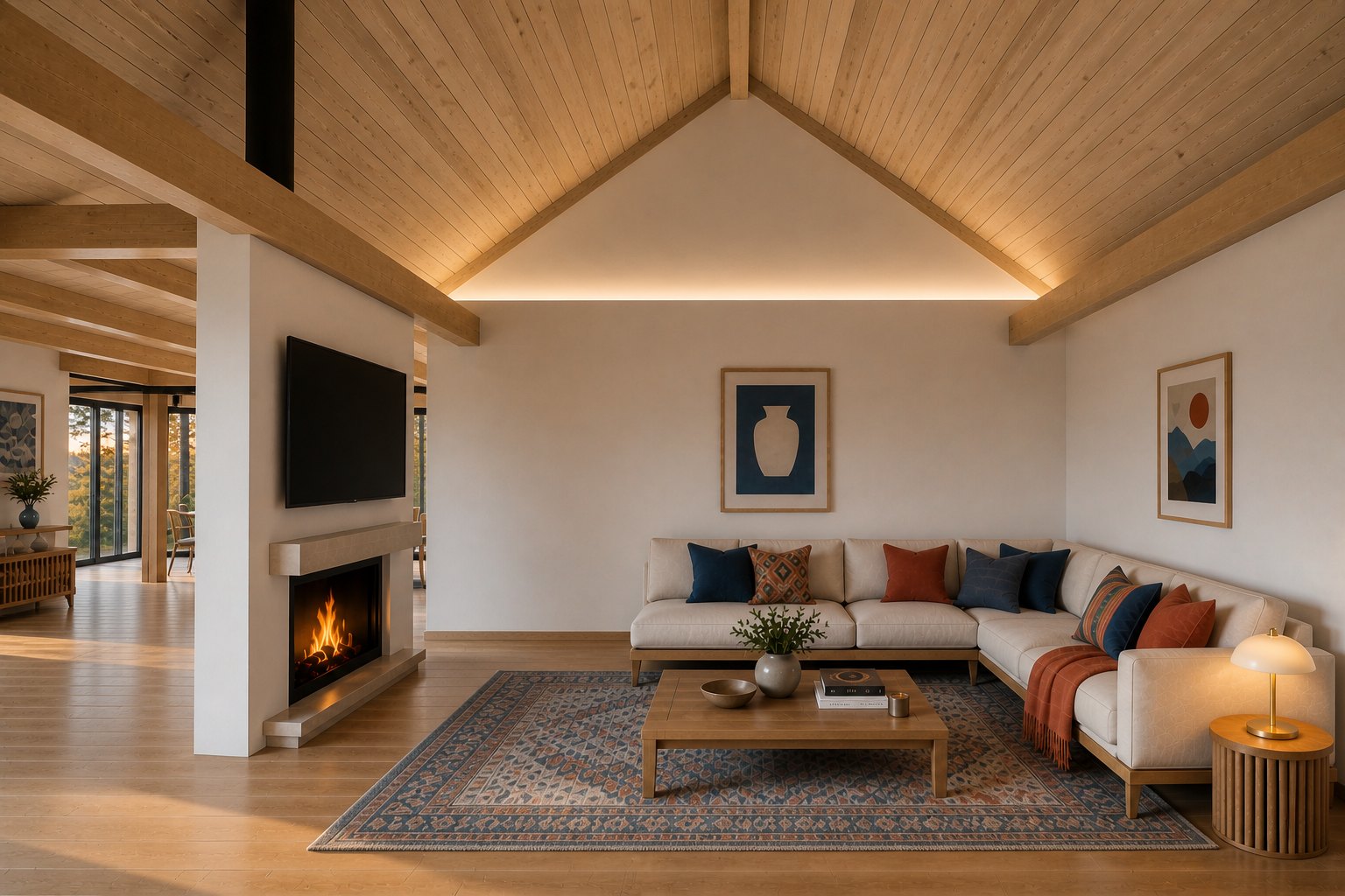 Casa Tarqui — render del estar con chimenea, sofá y alfombra, abierto hacia el patio y el bosque