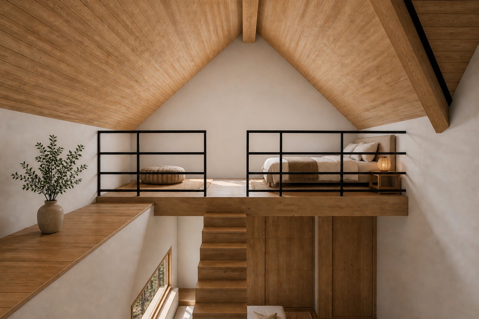 Casa Tarqui — render del altillo de madera con barandal de hierro sobre el estar, bajo la estructura de la cubierta