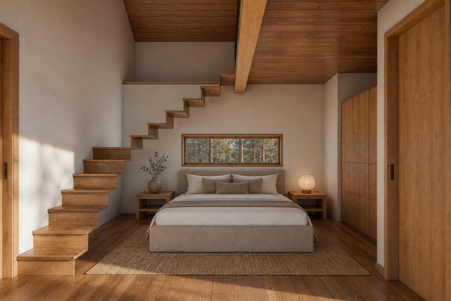 Casa Tarqui — render del dormitorio con escalera de madera al altillo, cama baja y ventana al bosque